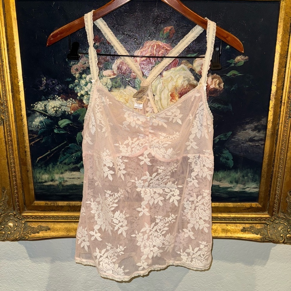 In Bloom Pink Sheer Lace Racerback Cami Sleep Tank Lingerie Size Large